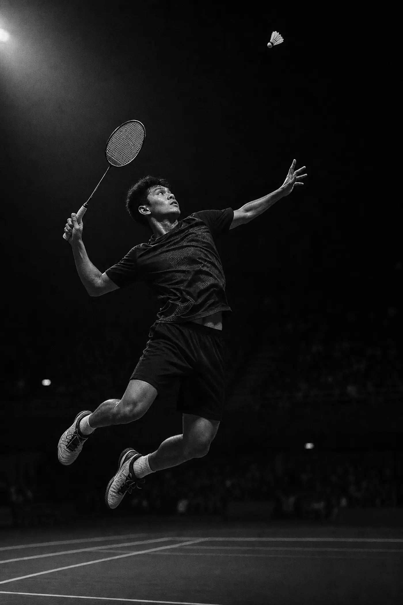 Badminton player leaping for an overhead smash in a dark arena